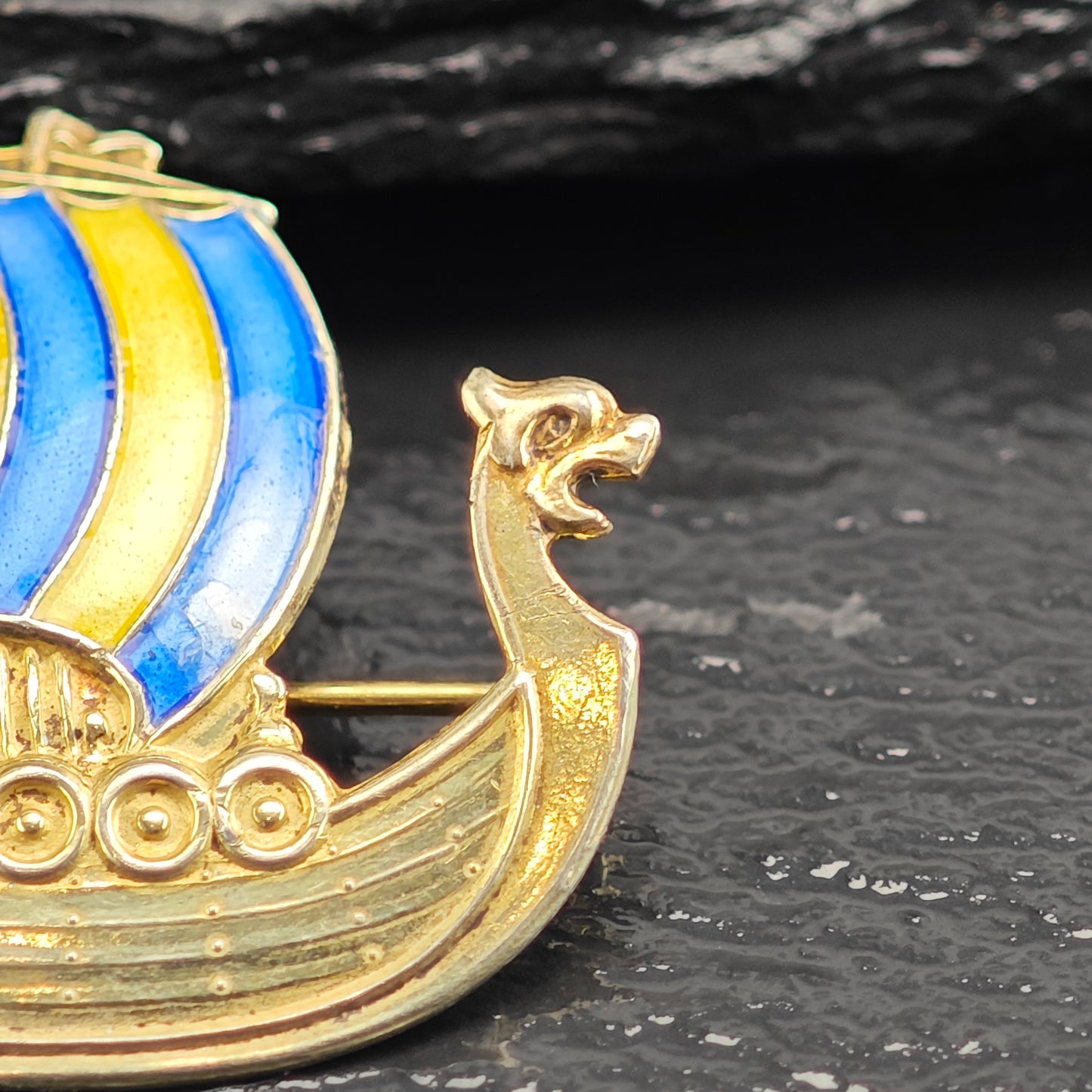 AS IS, Norwegian Viking Ship, Enamel Sterling Silver Brooch B2213