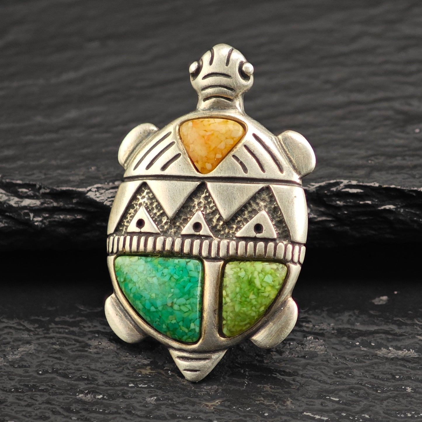 Relios Turtle Spiny, Turquoise Inlay Sterling Silver Brooch/Pendant B2218