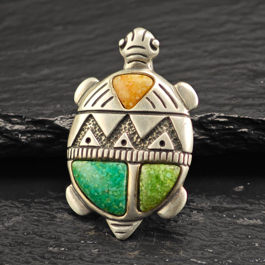 Relios Turtle Spiny, Turquoise Inlay Sterling Silver Brooch/Pendant B2218