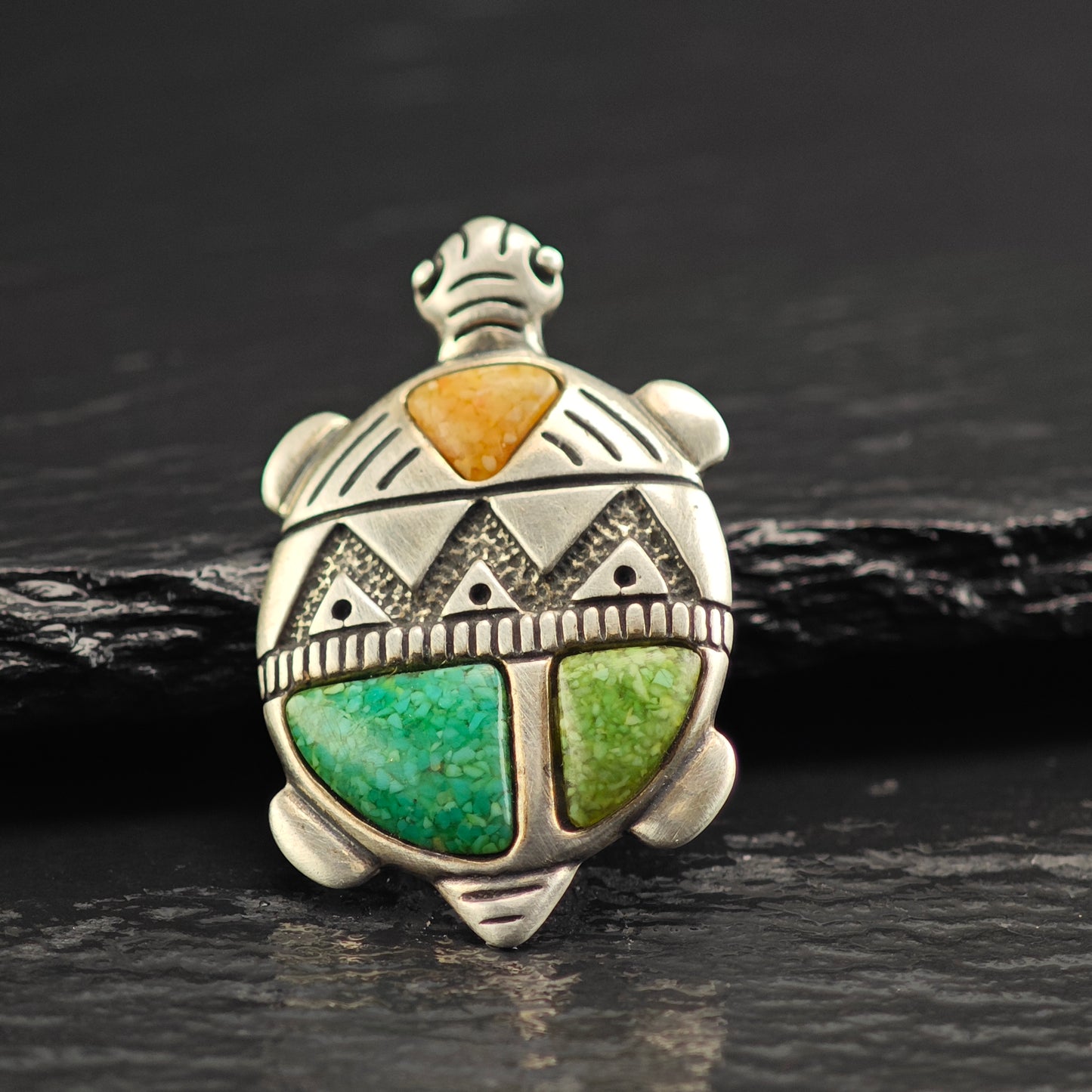 Relios Turtle Spiny, Turquoise Inlay Sterling Silver Brooch/Pendant B2218