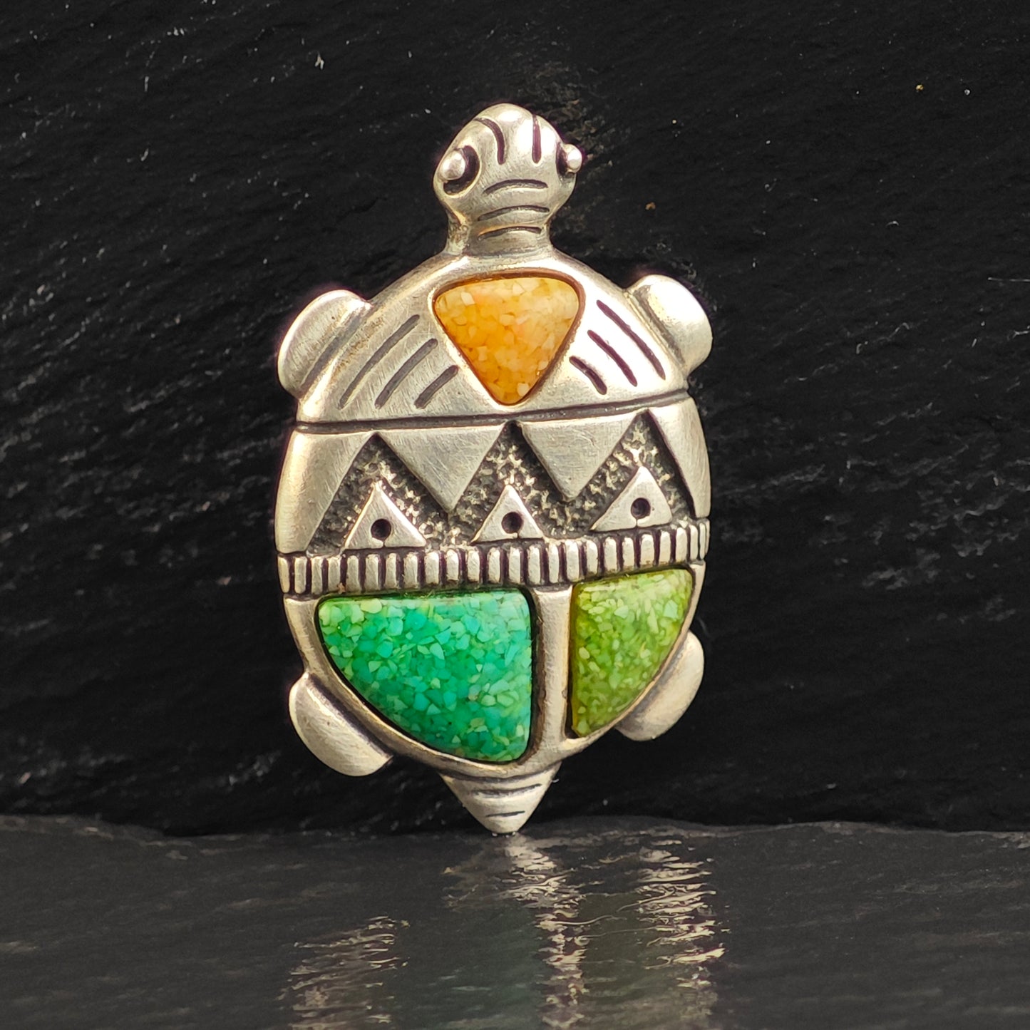 Relios Turtle Spiny, Turquoise Inlay Sterling Silver Brooch/Pendant B2218