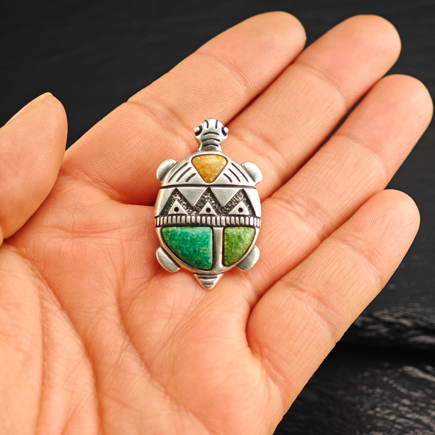 Relios Turtle Spiny, Turquoise Inlay Sterling Silver Brooch/Pendant B2218