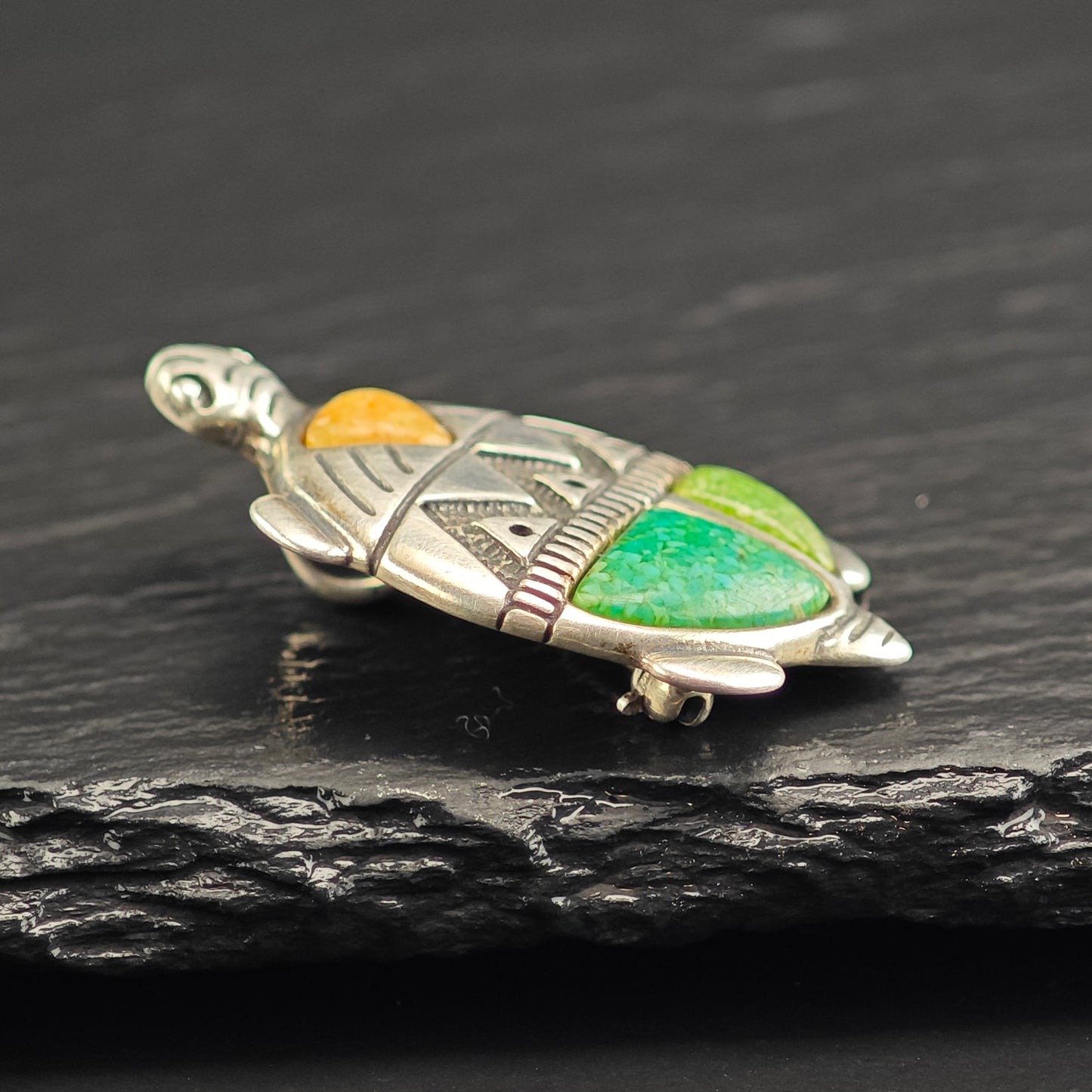 Relios Turtle Spiny, Turquoise Inlay Sterling Silver Brooch/Pendant B2218