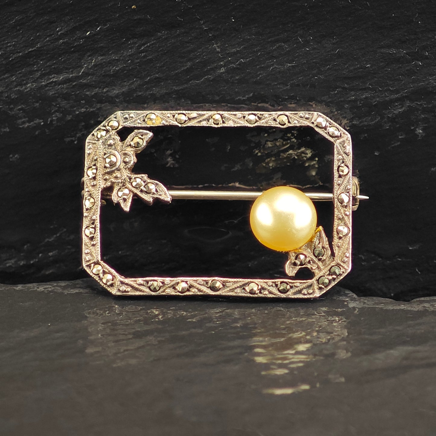 Art Deco Champagne Pearl Sterling Silver Brooch B2223