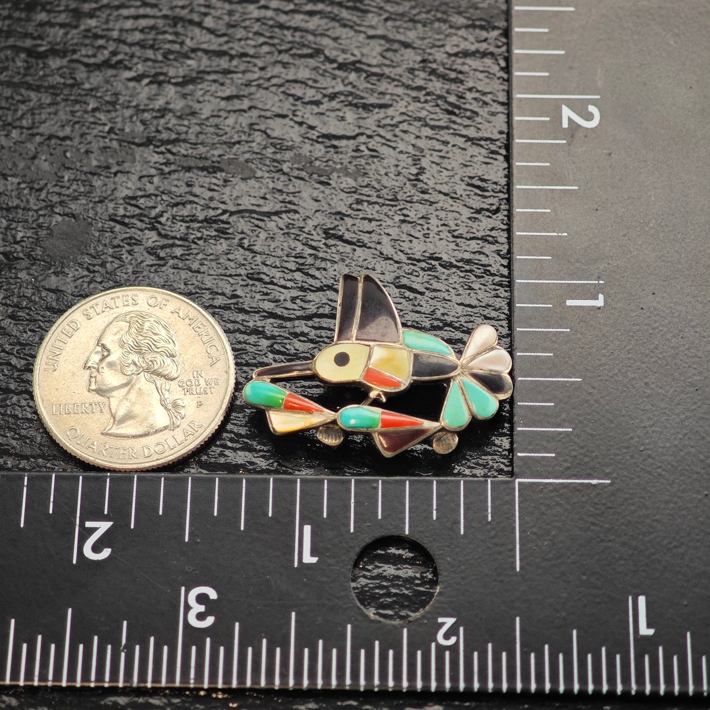 Zuni Bird Inlay MOP Turquoise Coral Sterling Silver Brooch Pendant B2177
