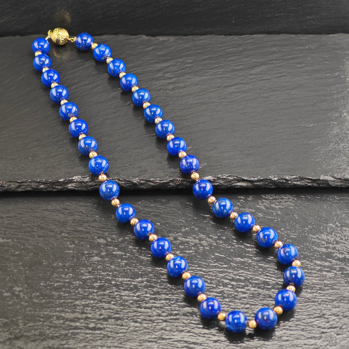 12mm Lapis Beads, 14K Gold, Sterling Silver Beaded Necklace N2704