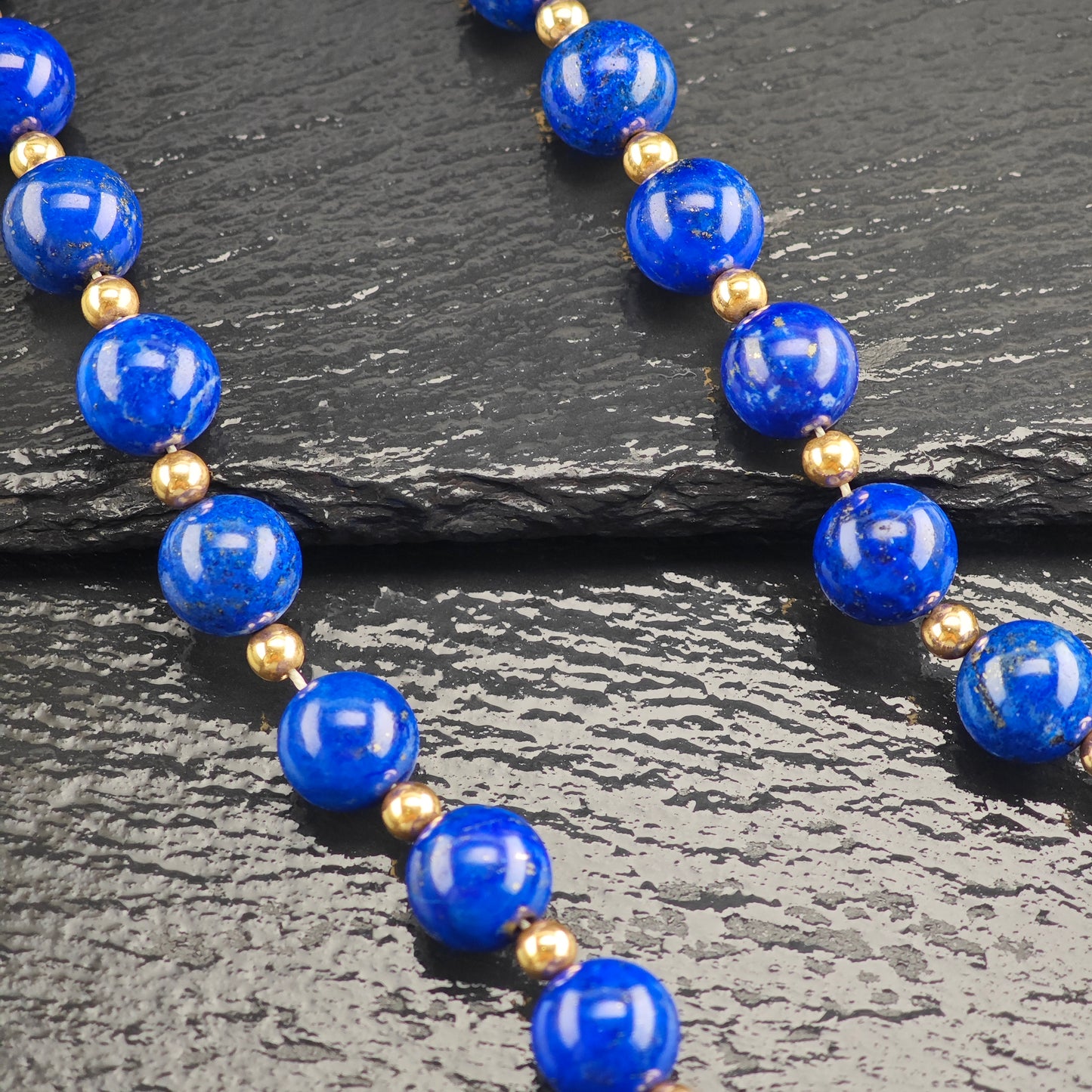 12mm Lapis Beads, 14K Gold, Sterling Silver Beaded Necklace N2704