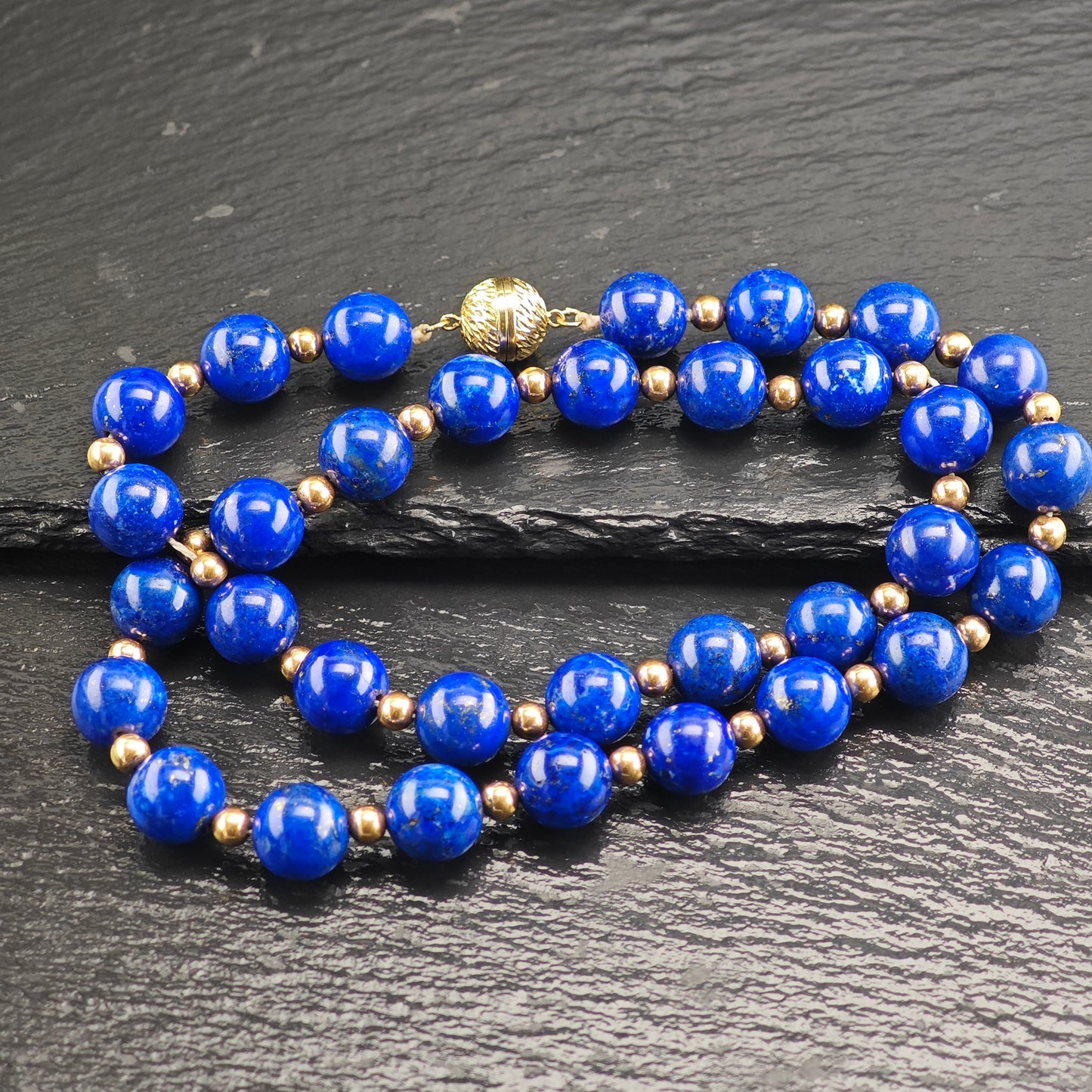 12mm Lapis Beads, 14K Gold, Sterling Silver Beaded Necklace N2704