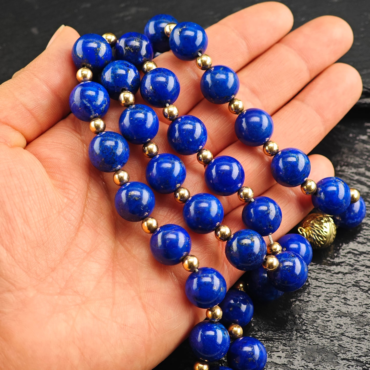 12mm Lapis Beads, 14K Gold, Sterling Silver Beaded Necklace N2704