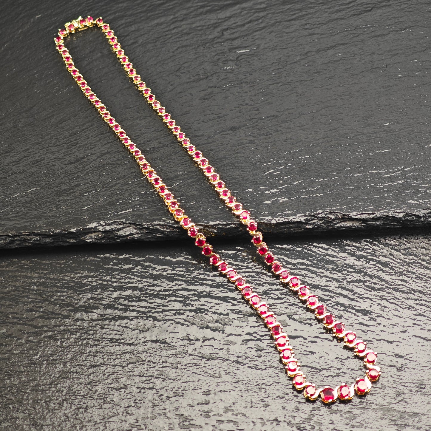 Red Graduated Lab Ruby, Gold Plated Sterling Silver Line Necklace N2705