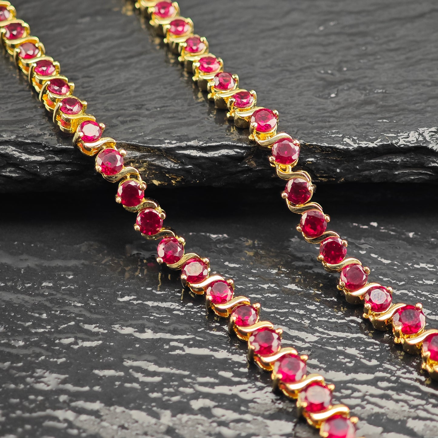 Red Graduated Lab Ruby, Gold Plated Sterling Silver Line Necklace N2705