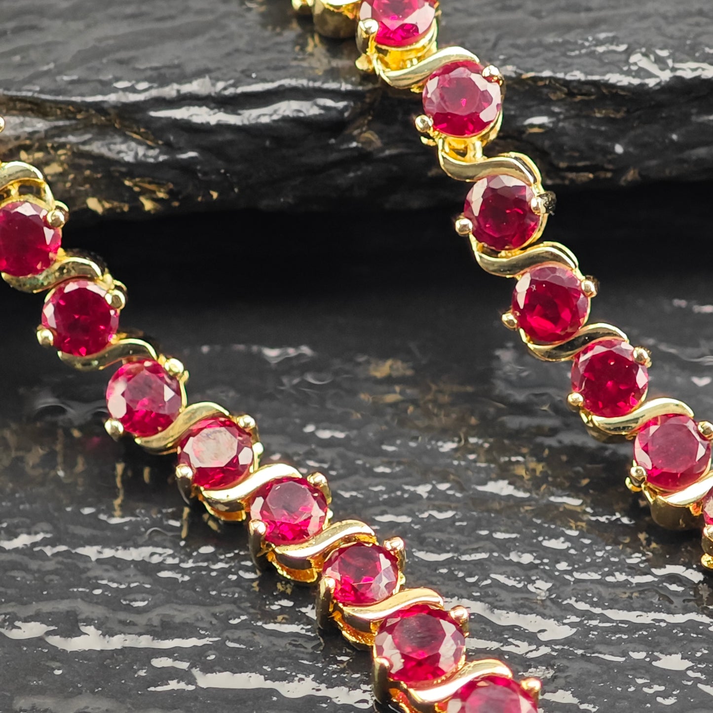 Red Graduated Lab Ruby, Gold Plated Sterling Silver Line Necklace N2705