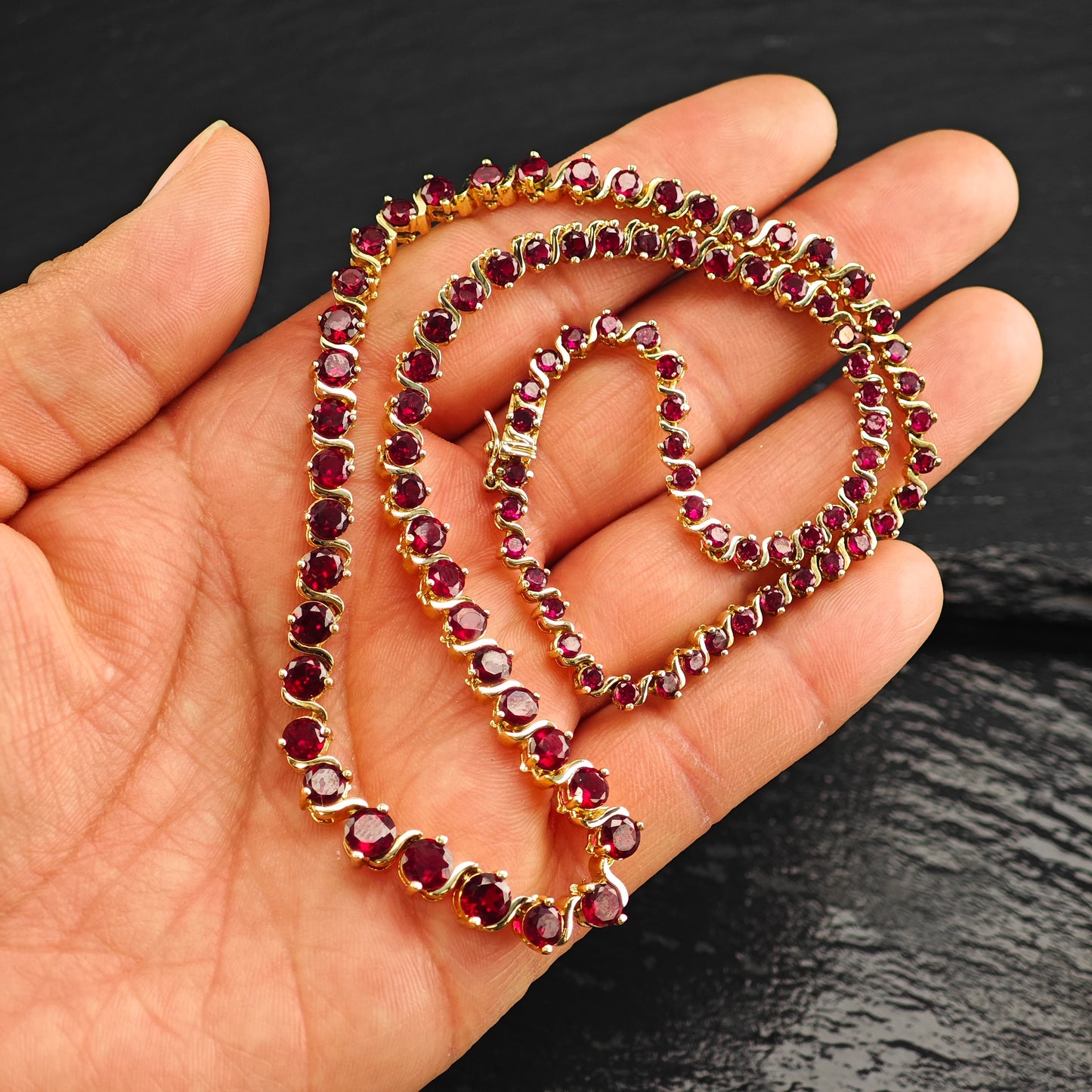 Red Graduated Lab Ruby, Gold Plated Sterling Silver Line Necklace N2705