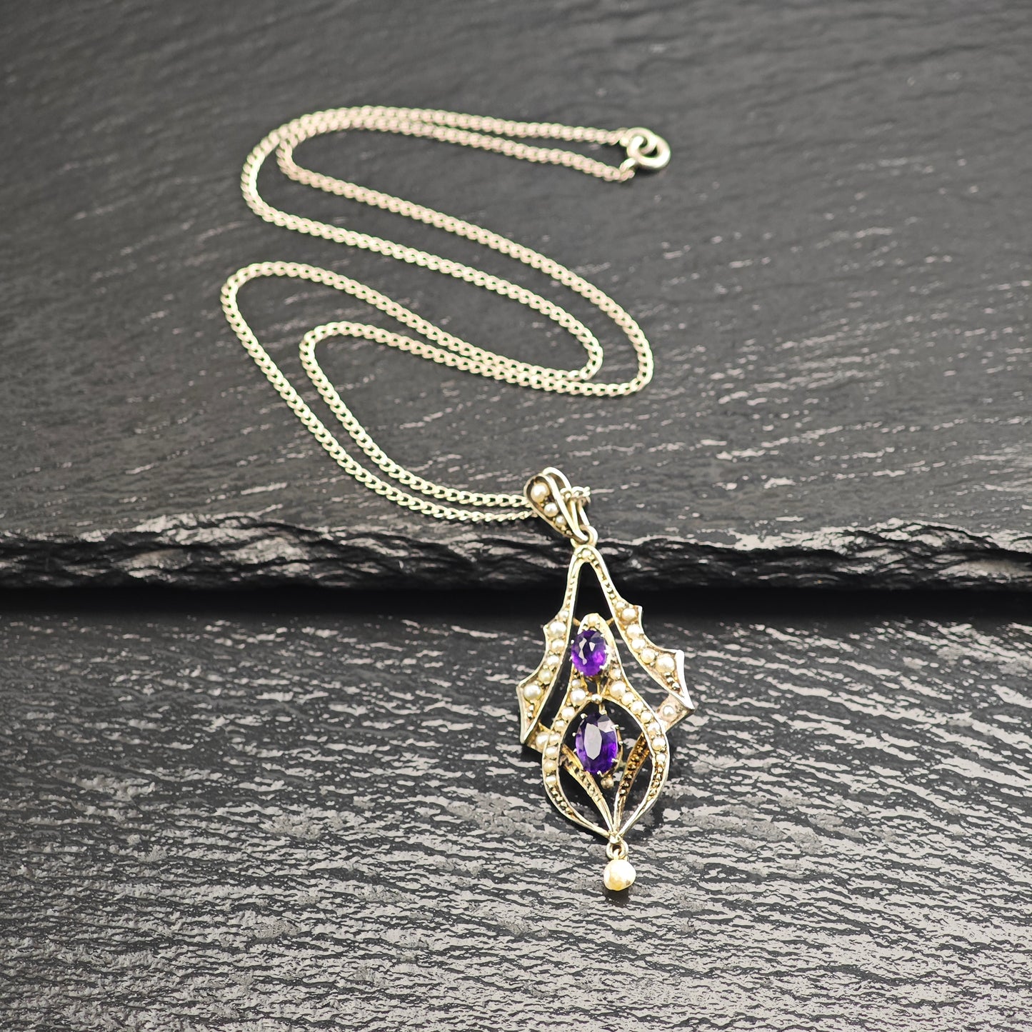 Antique, Victorian Amethyst, Natural Seed Pearl Sterling Silver Necklace N2707