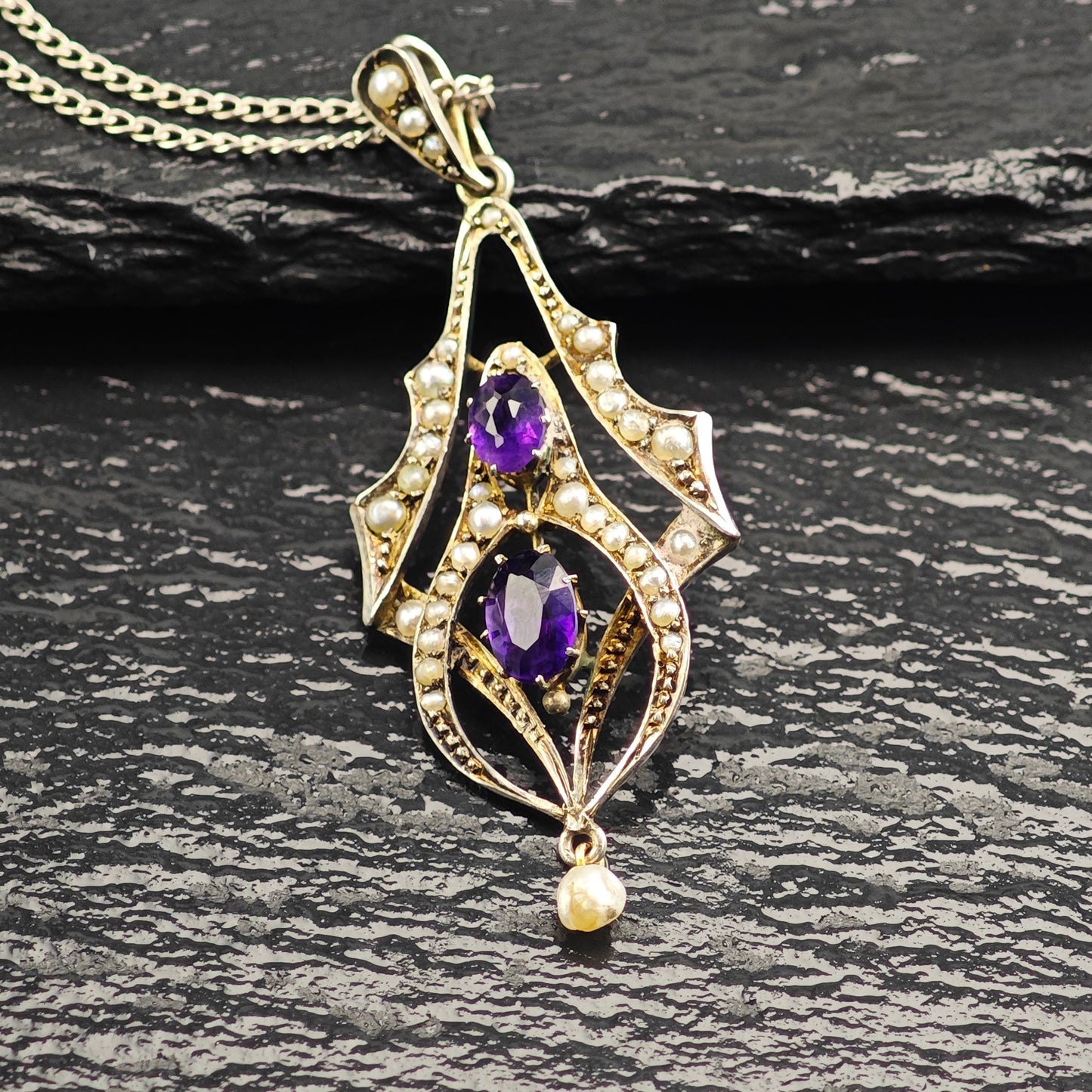 Antique, Victorian Amethyst, Natural Seed Pearl Sterling Silver Necklace N2707