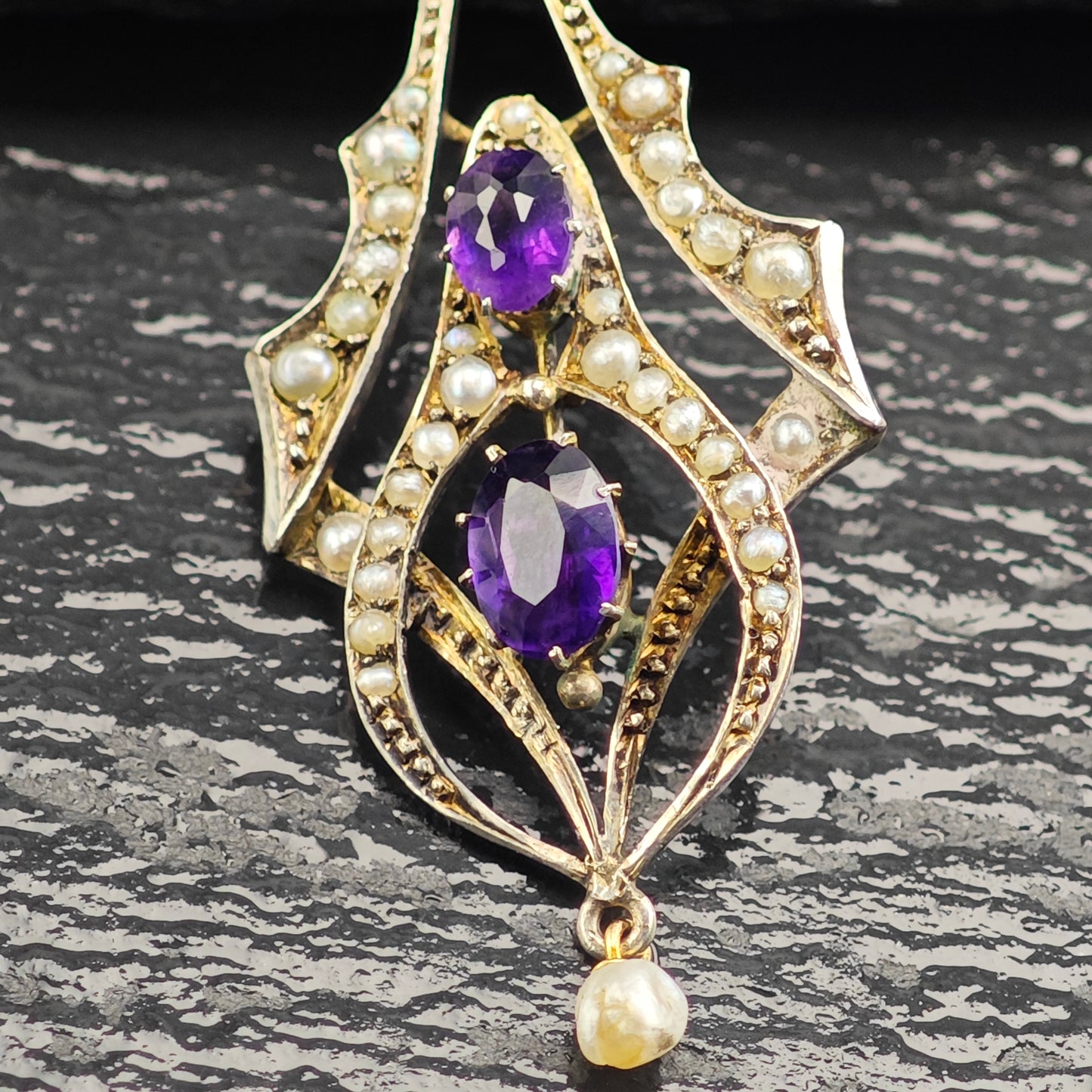 Antique, Victorian Amethyst, Natural Seed Pearl Sterling Silver Necklace N2707
