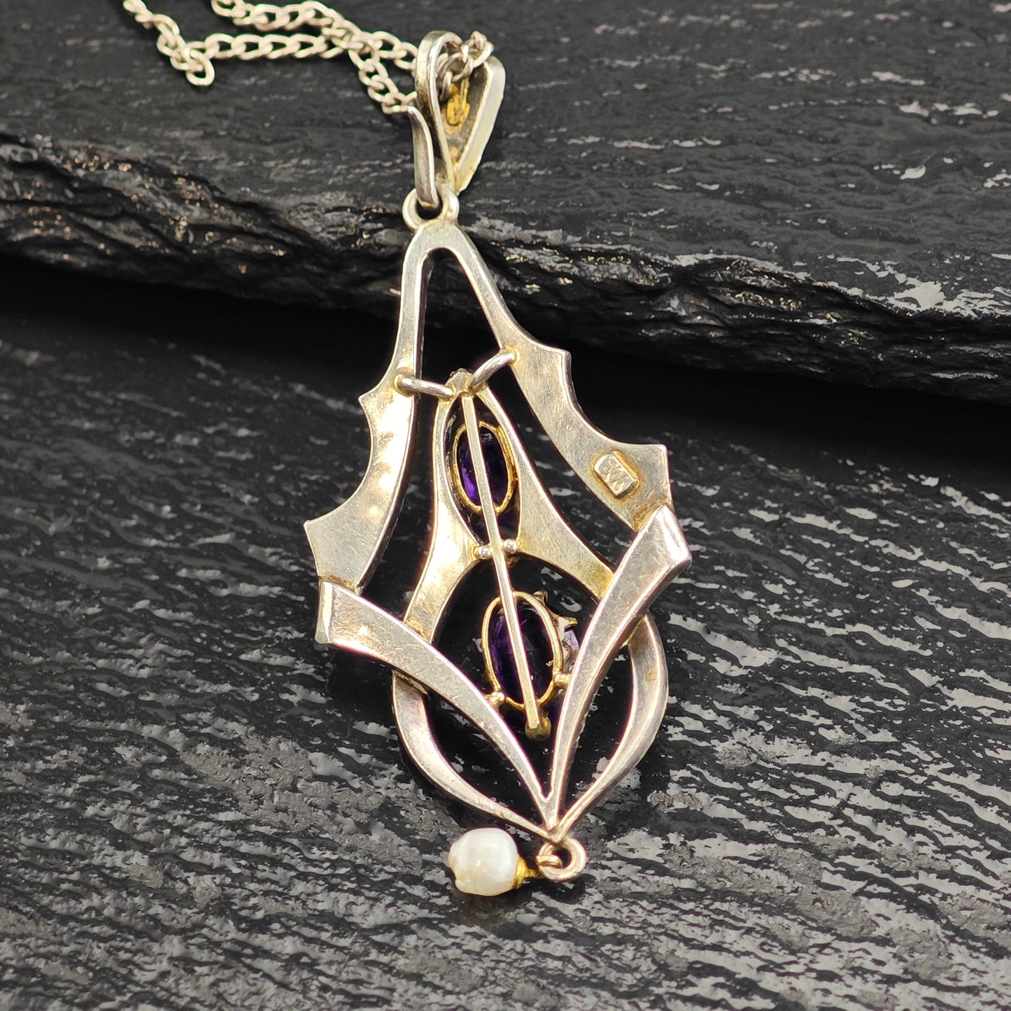 Antique, Victorian Amethyst, Natural Seed Pearl Sterling Silver Necklace N2707