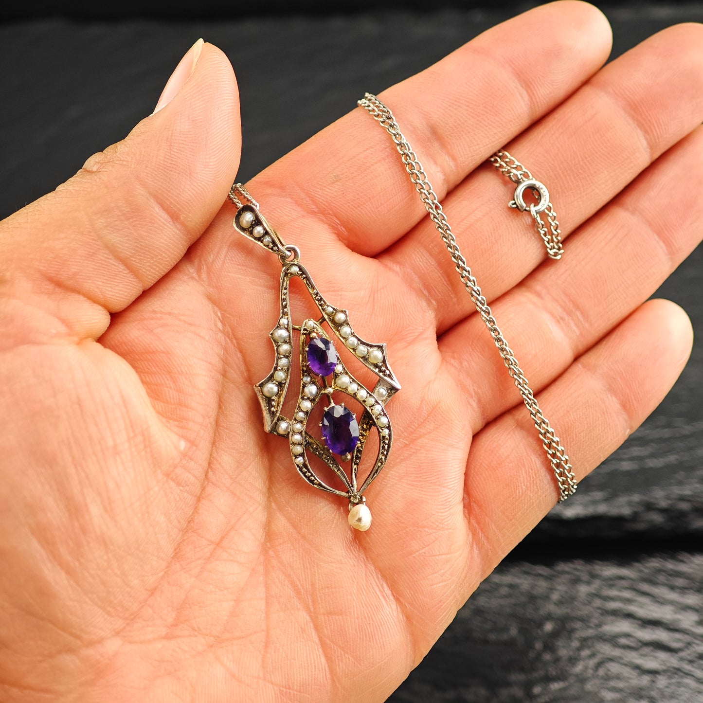 Antique, Victorian Amethyst, Natural Seed Pearl Sterling Silver Necklace N2707