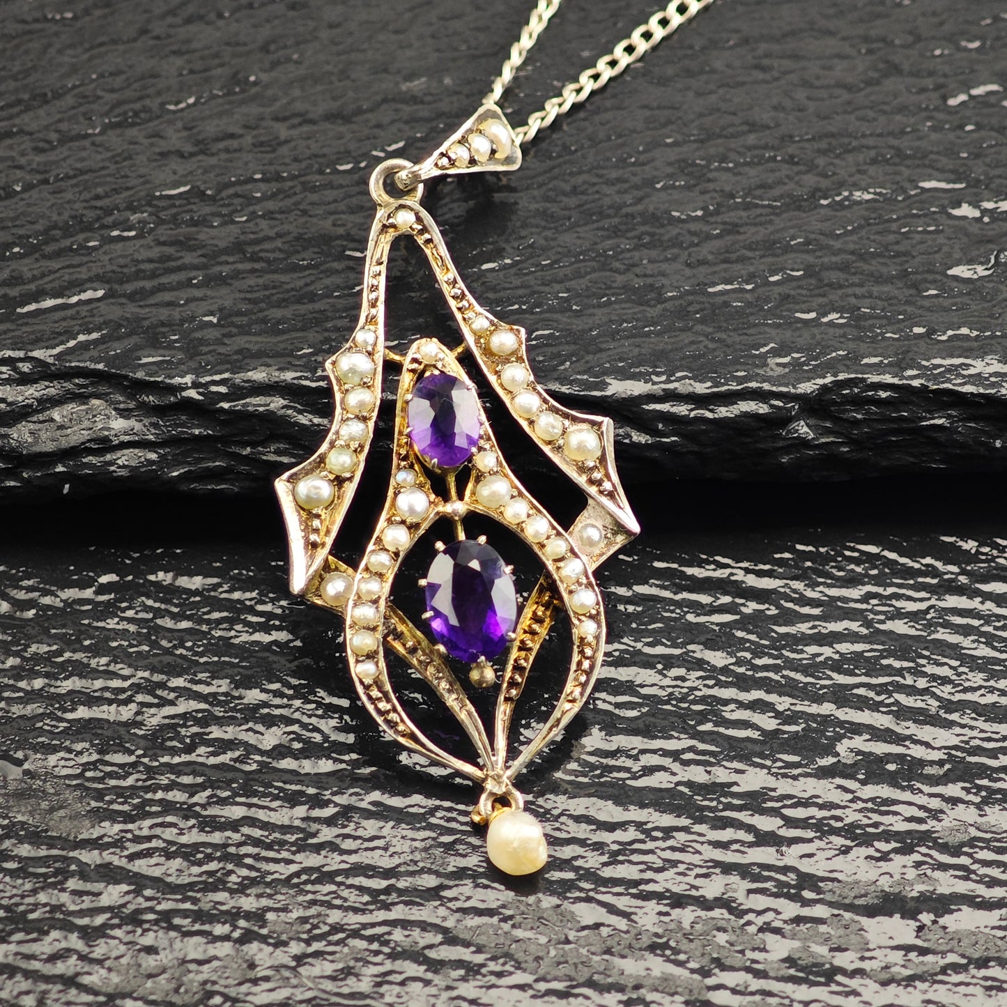 Antique, Victorian Amethyst, Natural Seed Pearl Sterling Silver Necklace N2707