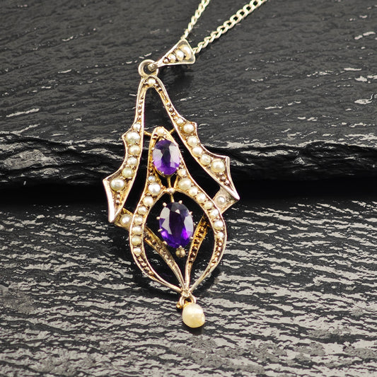 Antique, Victorian Amethyst, Natural Seed Pearl Sterling Silver Necklace N2707
