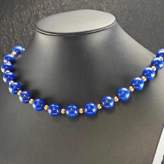 12mm Lapis Beads, 14K Gold, Sterling Silver Beaded Necklace N2704