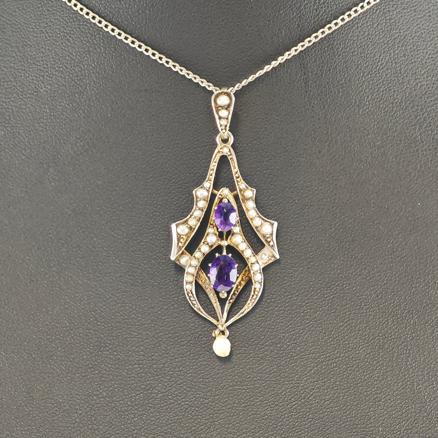 Antique, Victorian Amethyst, Natural Seed Pearl Sterling Silver Necklace N2707