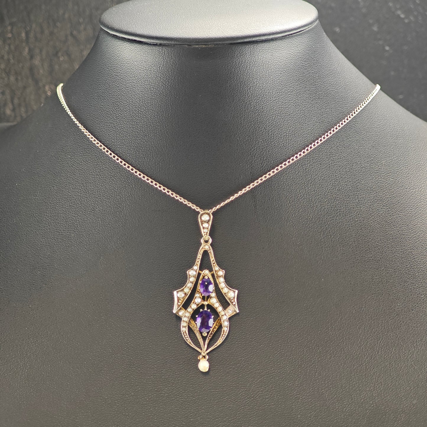 Antique, Victorian Amethyst, Natural Seed Pearl Sterling Silver Necklace N2707
