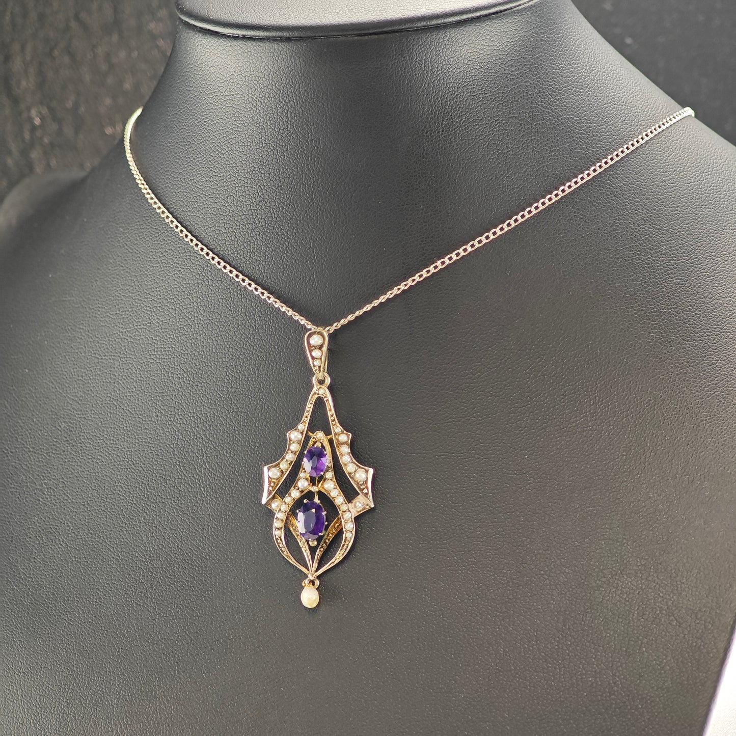 Antique, Victorian Amethyst, Natural Seed Pearl Sterling Silver Necklace N2707