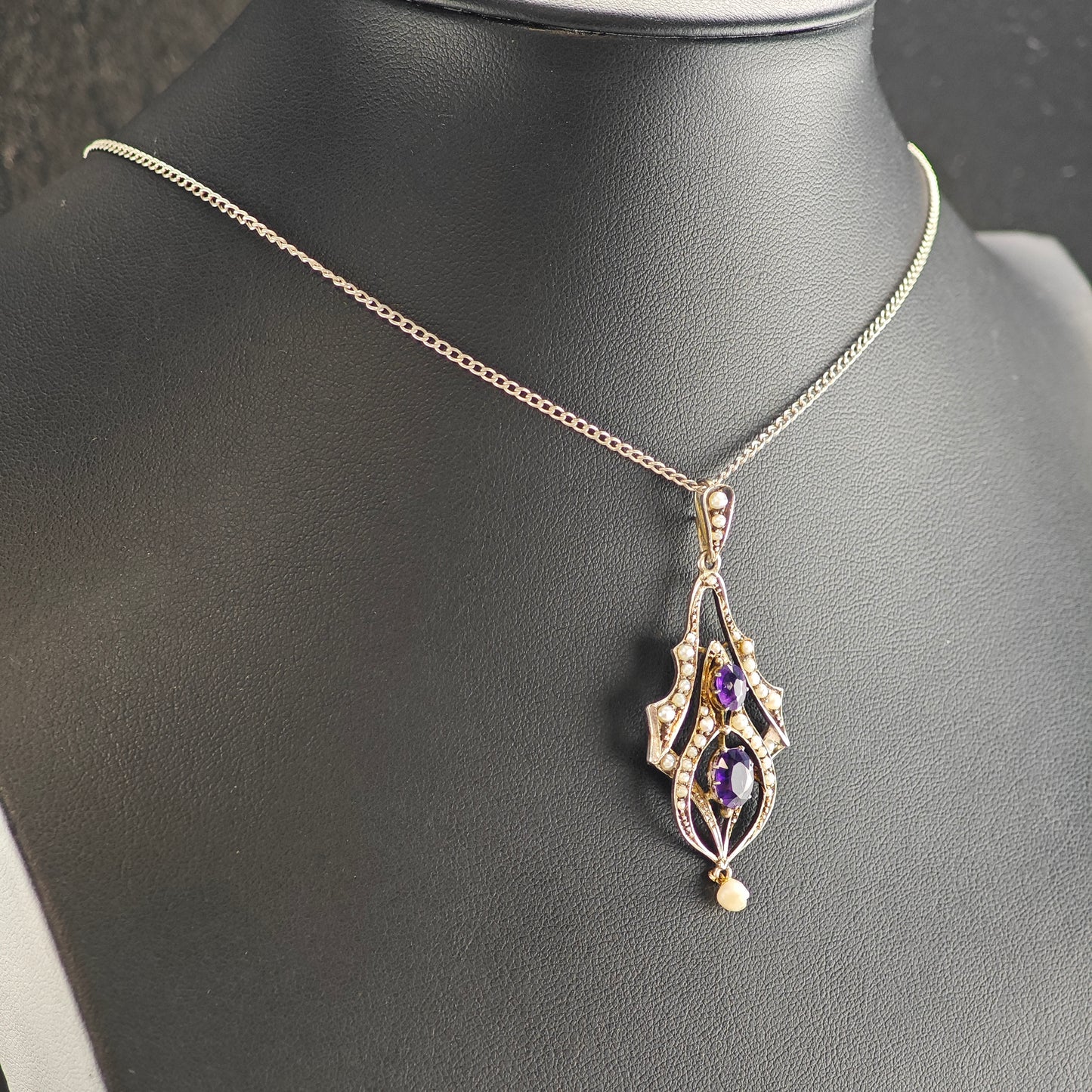 Antique, Victorian Amethyst, Natural Seed Pearl Sterling Silver Necklace N2707