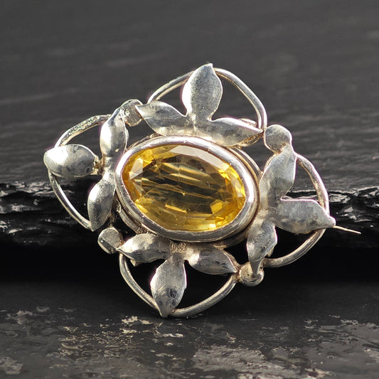 Yellow Floral Citrine Sterling Silver Brooch B2185