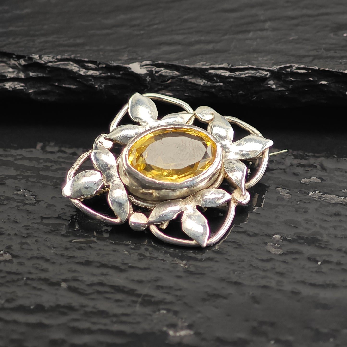 Yellow Floral Citrine Sterling Silver Brooch B2185