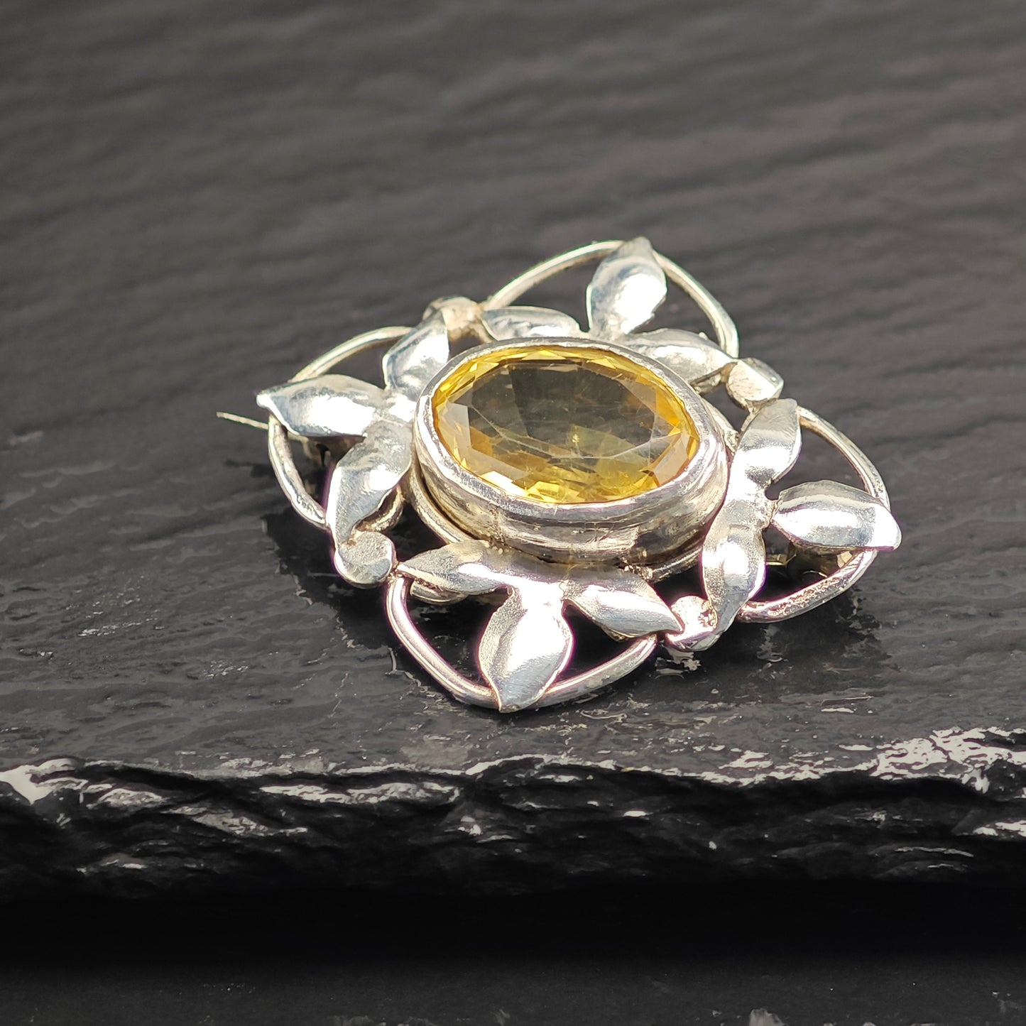 Yellow Floral Citrine Sterling Silver Brooch B2185
