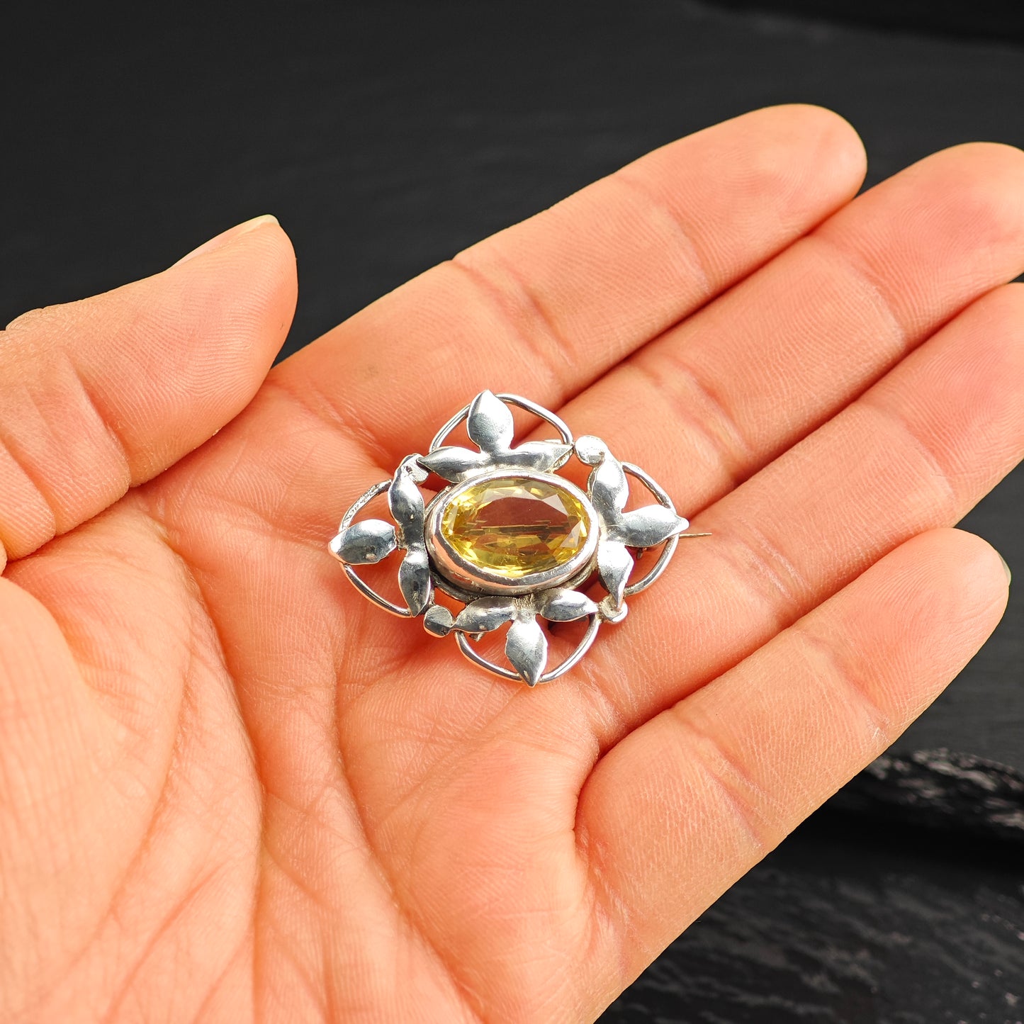 Yellow Floral Citrine Sterling Silver Brooch B2185