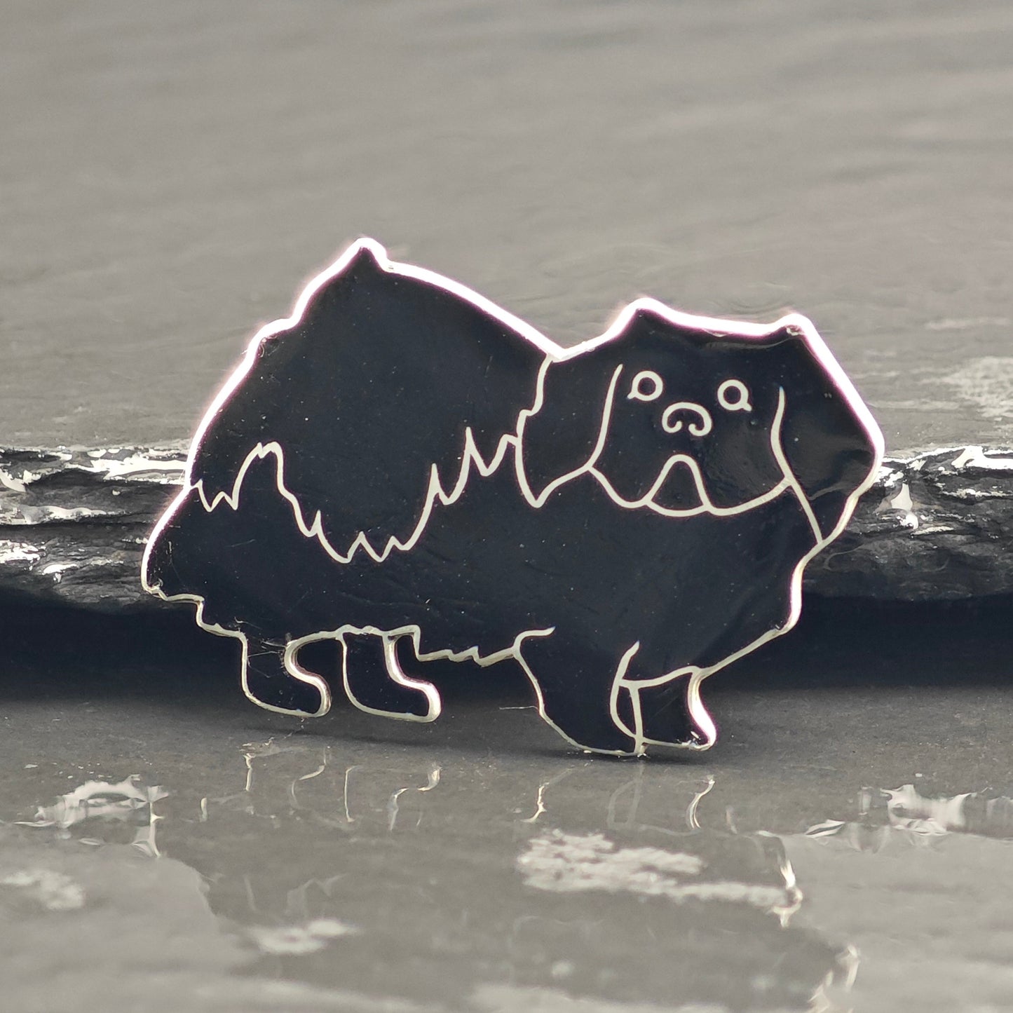 Mid Century Pekingese Black Enamel Sterling Silver Brooch B2224