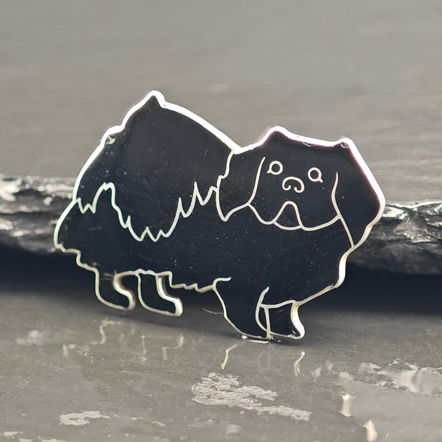 Mid Century Pekingese Black Enamel Sterling Silver Brooch B2224