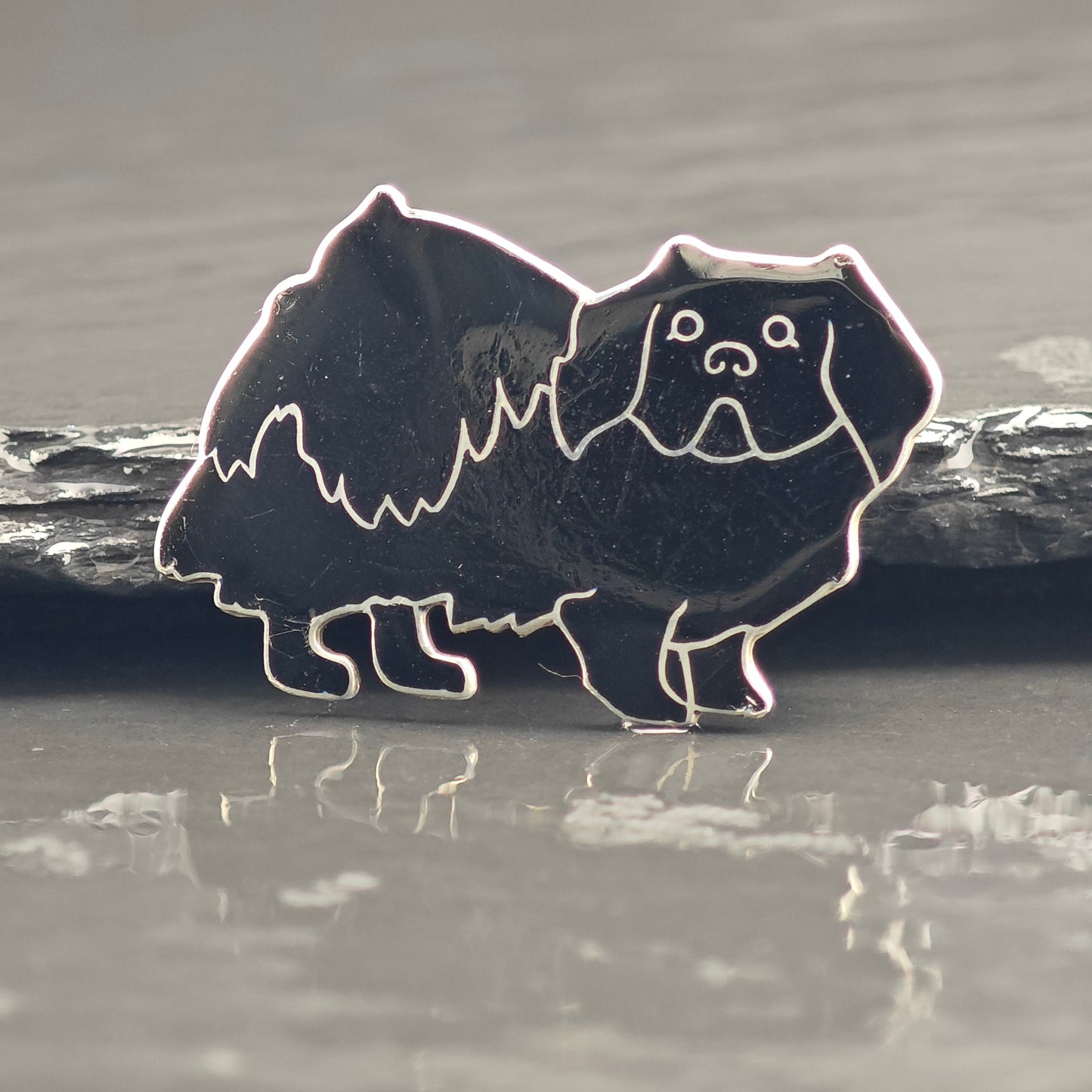 Mid Century Pekingese Black Enamel Sterling Silver Brooch B2224