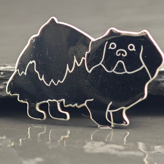 Mid Century Pekingese Black Enamel Sterling Silver Brooch B2224