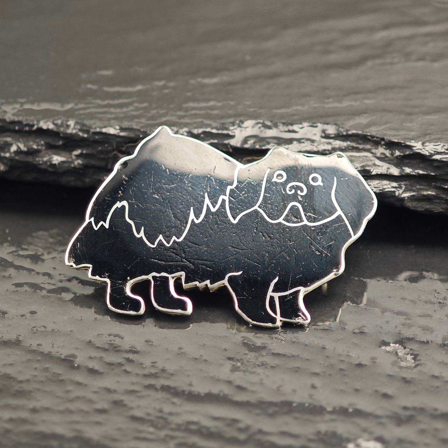 Mid Century Pekingese Black Enamel Sterling Silver Brooch B2224