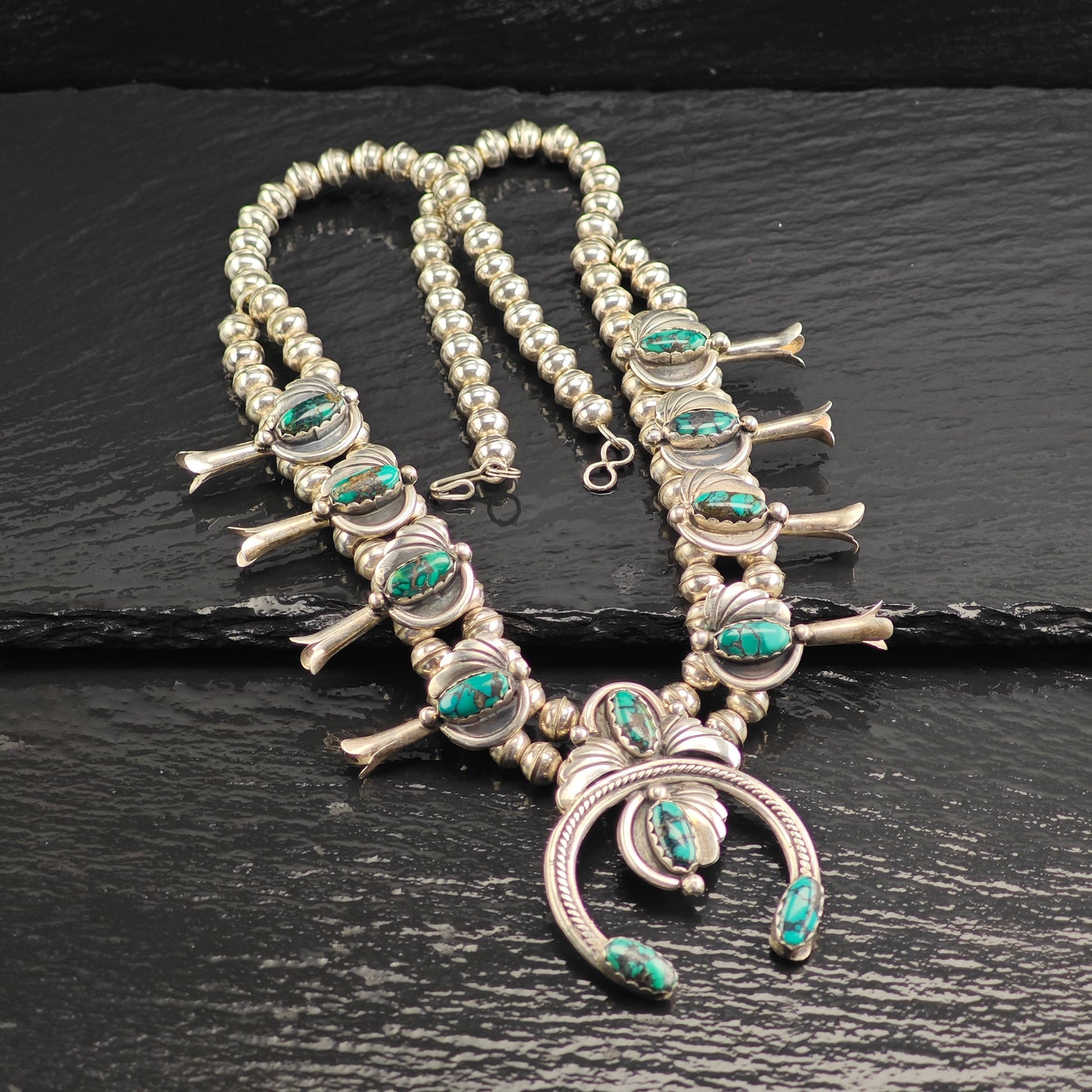 Vintage Native American, Turquoise, Floral, Sterling Silver Squash Blossom Necklace  N2694