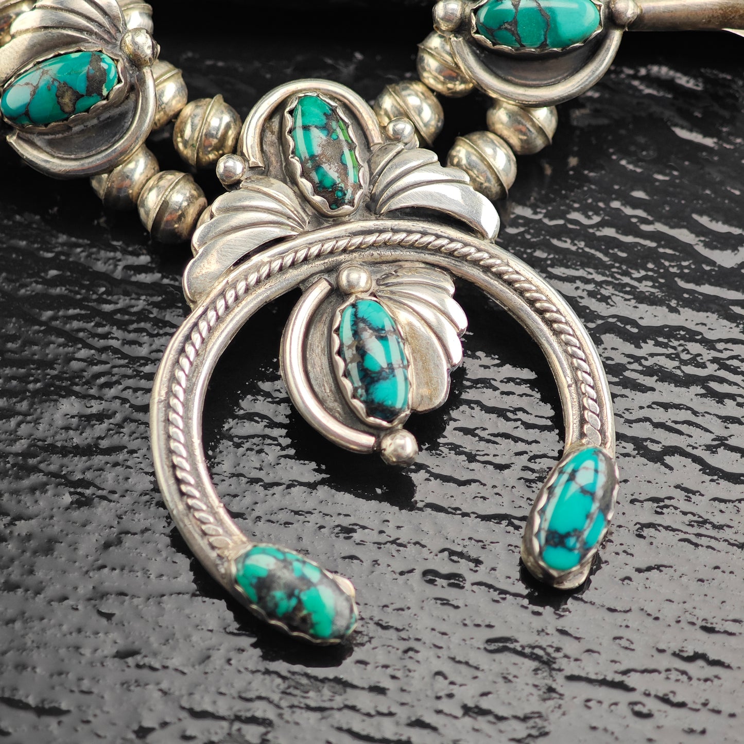 Vintage Native American, Turquoise, Floral, Sterling Silver Squash Blossom Necklace  N2694