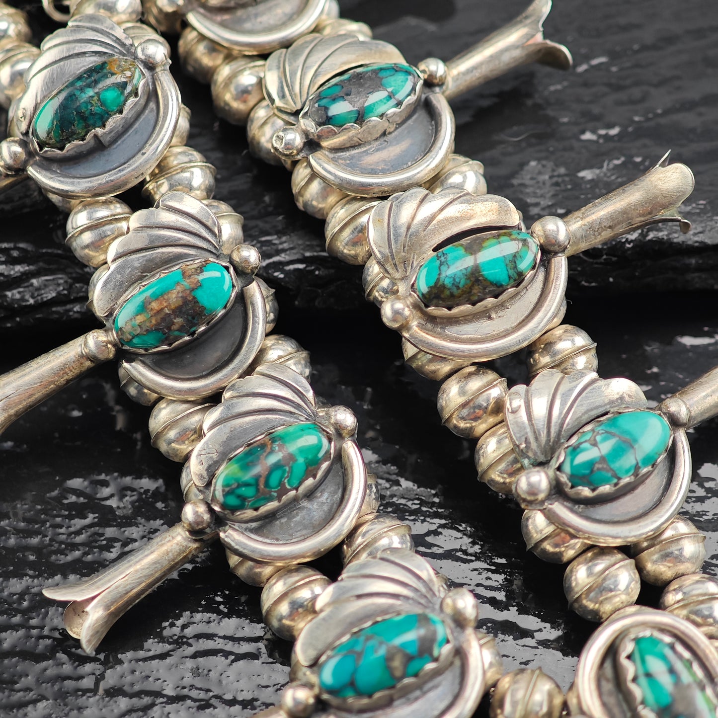 Vintage Native American, Turquoise, Floral, Sterling Silver Squash Blossom Necklace  N2694