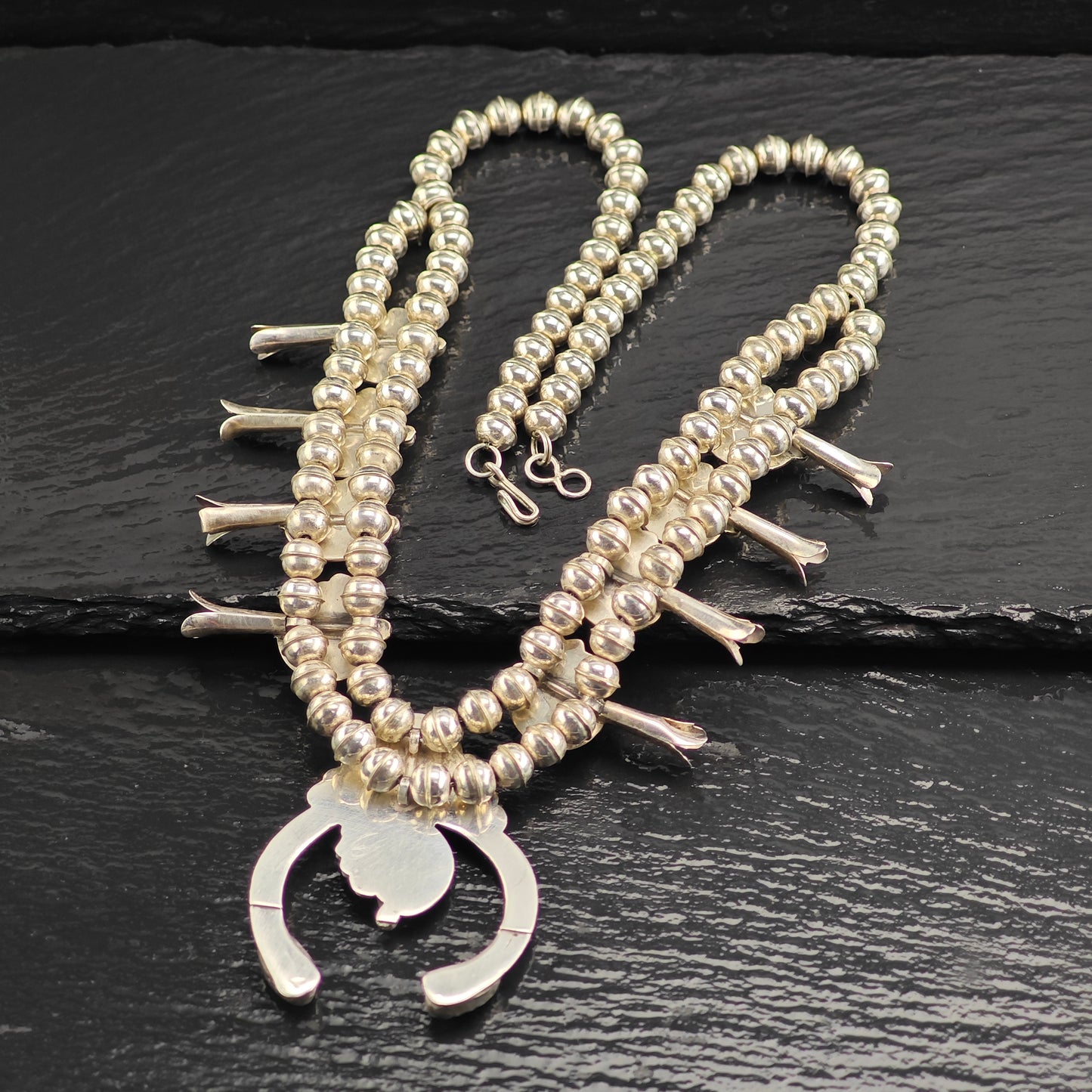 Vintage Native American, Turquoise, Floral, Sterling Silver Squash Blossom Necklace  N2694