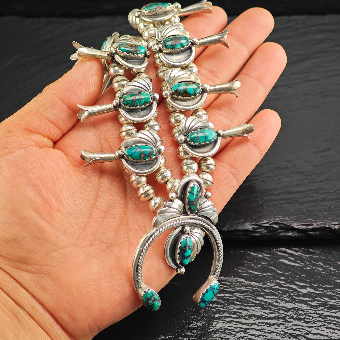 Vintage Native American, Turquoise, Floral, Sterling Silver Squash Blossom Necklace  N2694