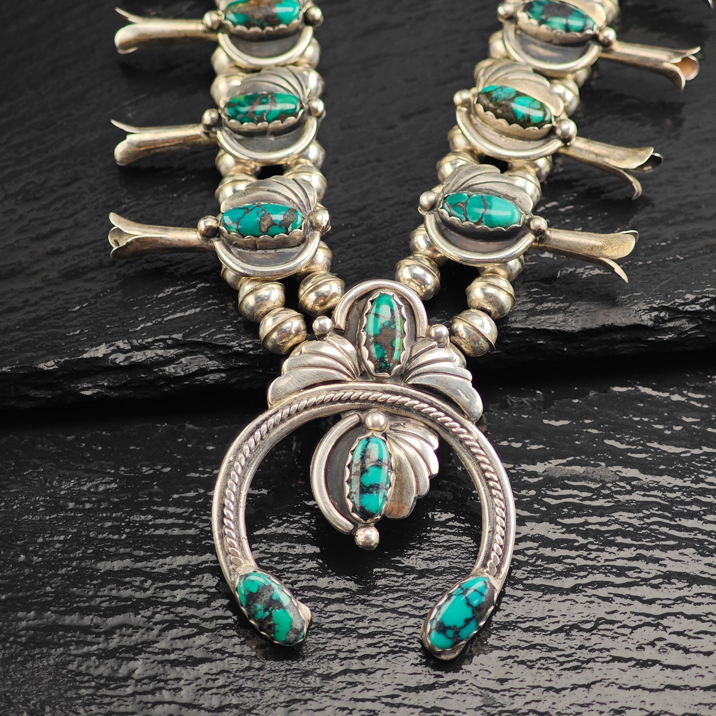 Vintage Native American, Turquoise, Floral, Sterling Silver Squash Blossom Necklace  N2694