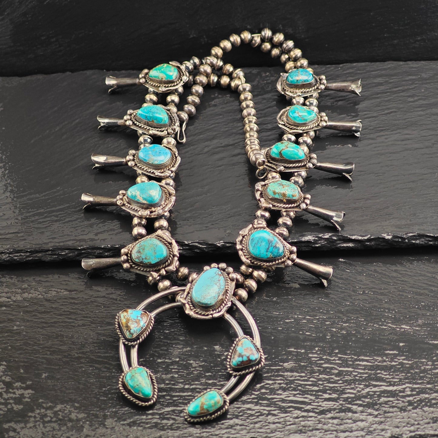 Vintage Sw Turquoise, Sterling Silver Squash Blossom Necklace  N2695
