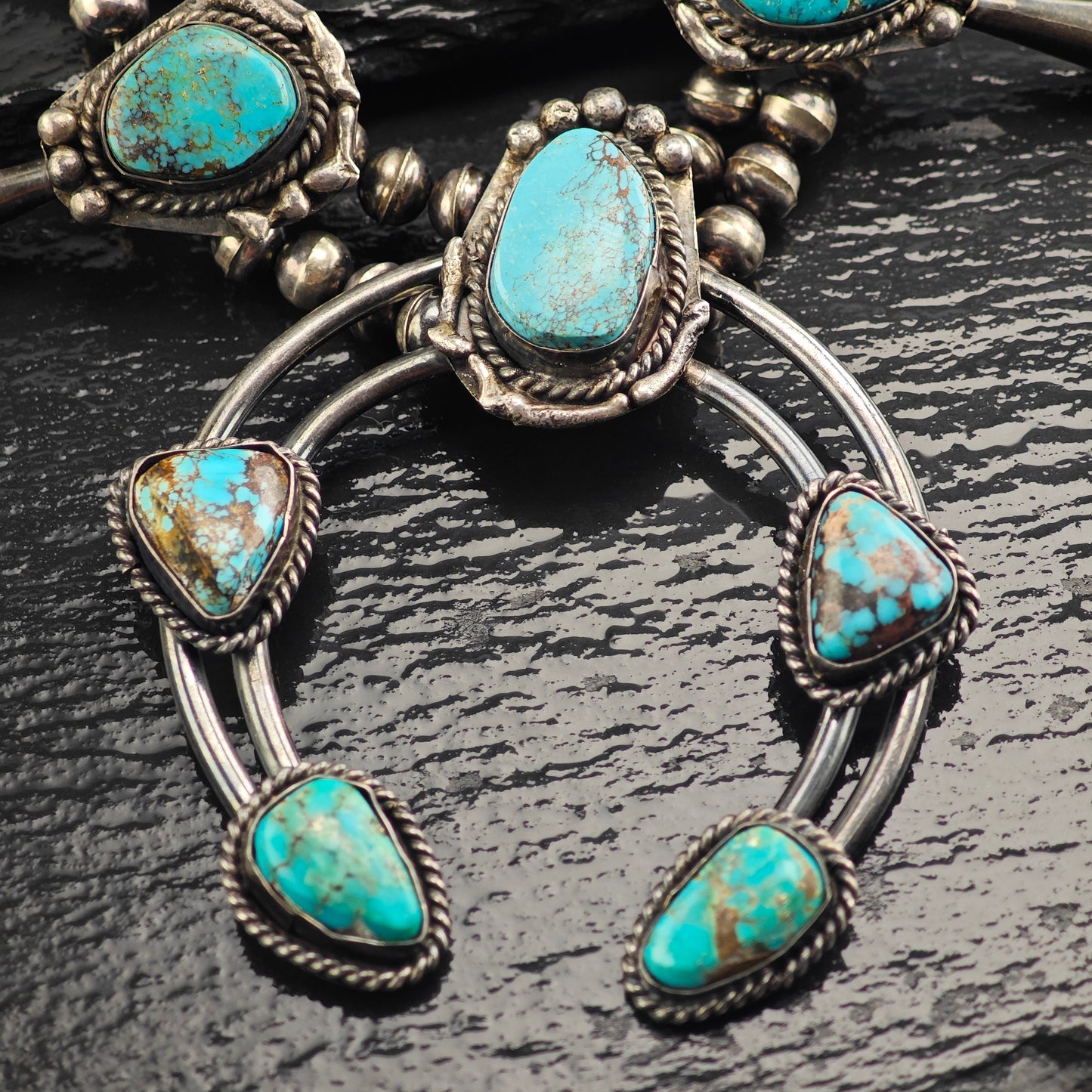 Vintage Sw Turquoise, Sterling Silver Squash Blossom Necklace  N2695