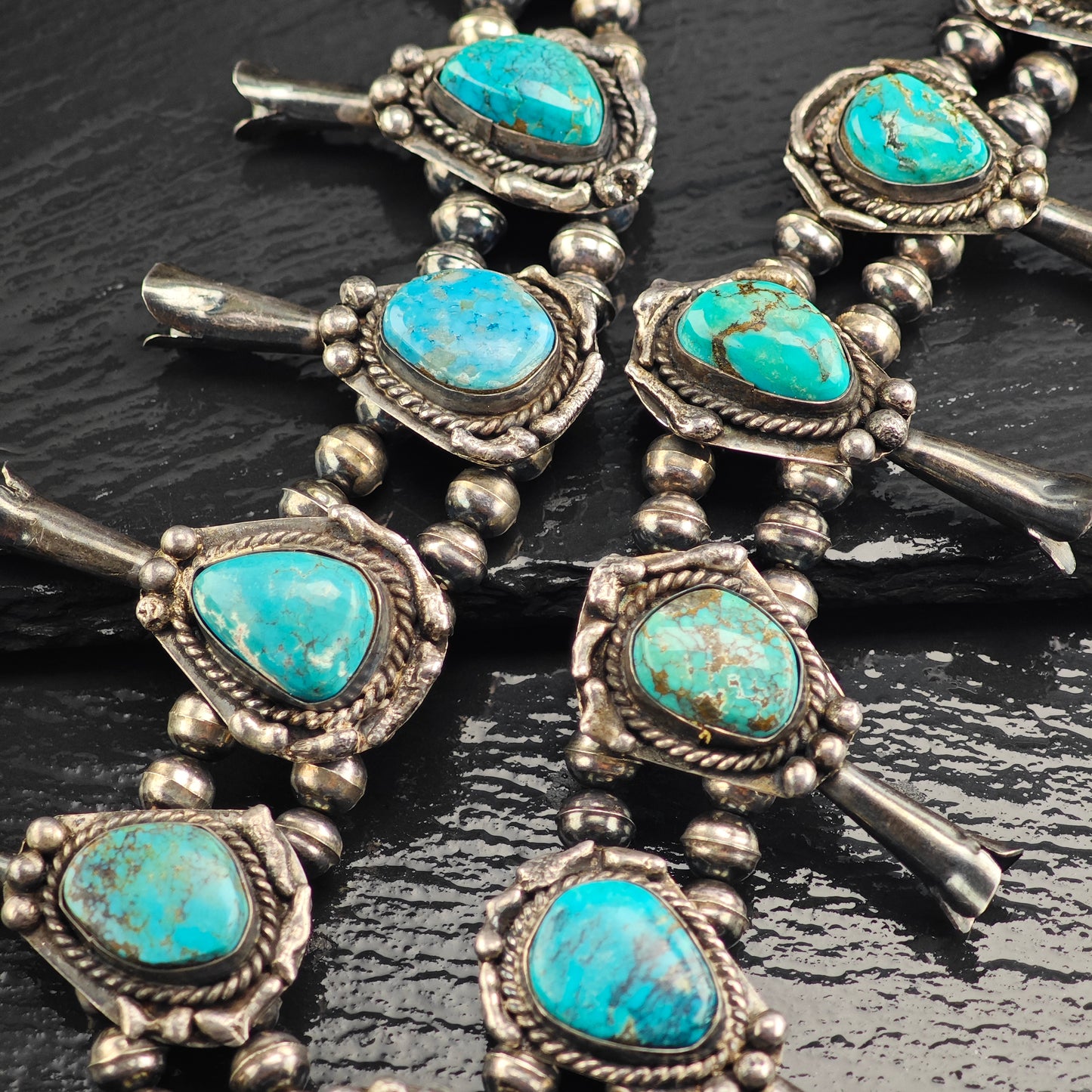 Vintage Sw Turquoise, Sterling Silver Squash Blossom Necklace  N2695