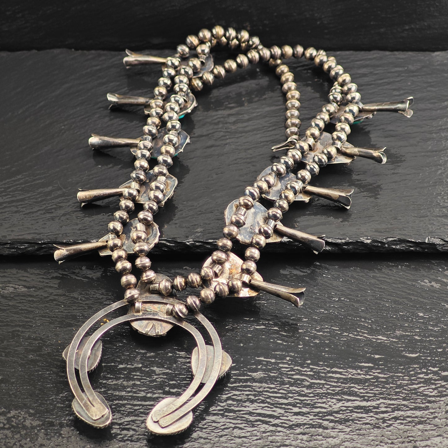 Vintage Sw Turquoise, Sterling Silver Squash Blossom Necklace  N2695