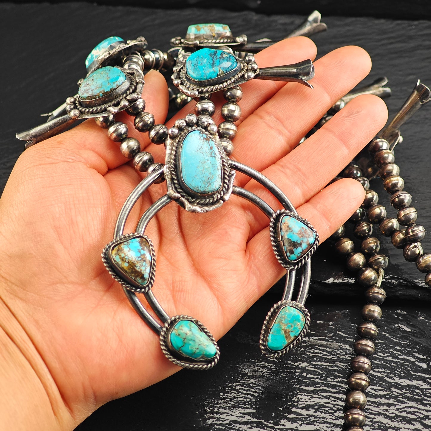 Vintage Sw Turquoise, Sterling Silver Squash Blossom Necklace  N2695