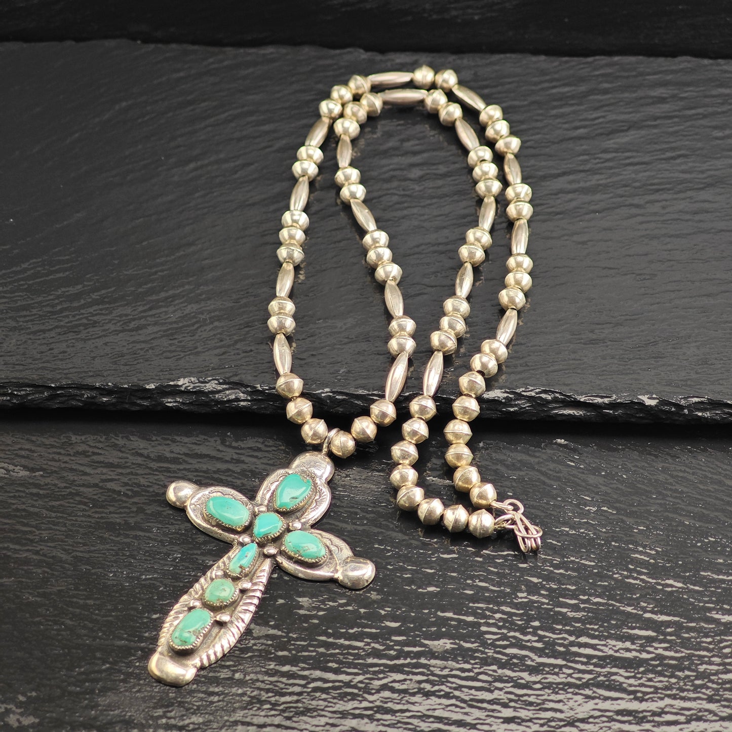 Vintage Zuni, Native American Sterling Silver Turquoise Cross, Beaded Necklace N2696